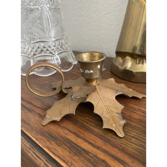 Vintage Solid Brass Candle Holder Set Fall Leaves Brass Candle Stick Holders MCM - Picture 3 of 6